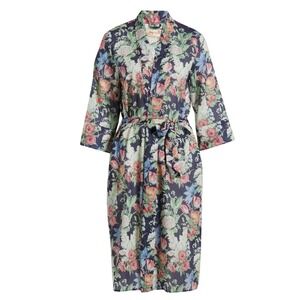 Papinelle Clara Floral Cotton Robe Women Sm NWOT Navy Pink Tie Waist Cottagecore
